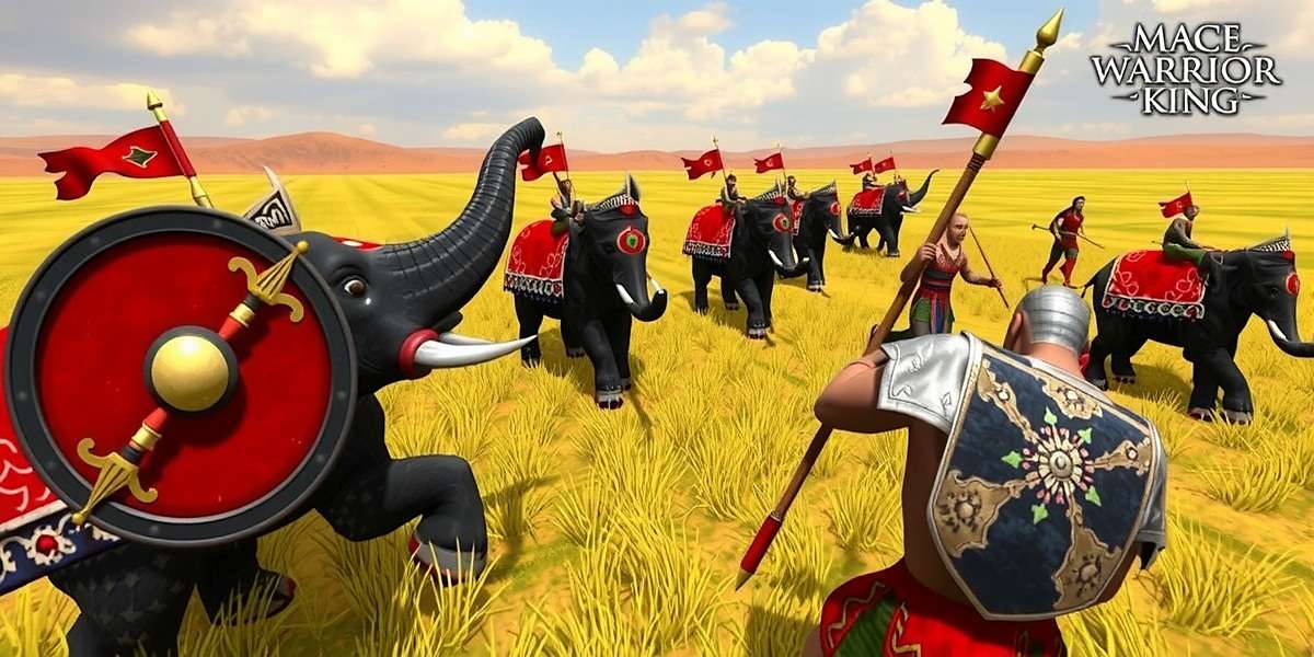 Mace Warrior King gameplay showing a battle scene with Indian warriors fighting on a battlefield with elephants and chariots